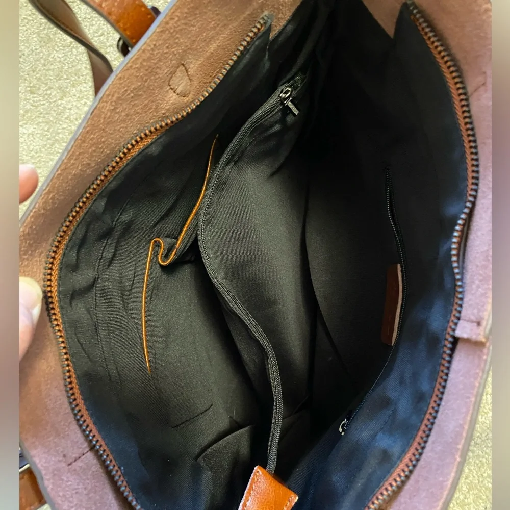 Kattee Genuine Leather Cognac Brown Tote 3 Interior Compartments Purse - Picture 3 of 4
